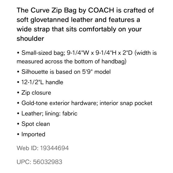 NWT Coach Originals Leather Curve Zip Shoulder Bag BLACK/Brass Ergo Style CAF11 - Picture 7 of 7